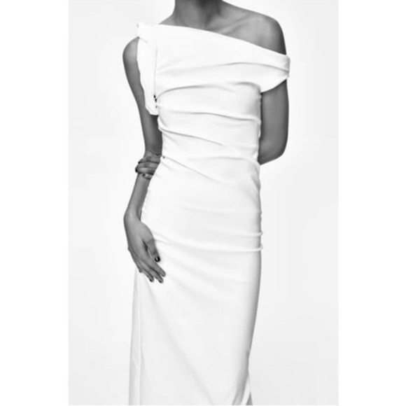 ZARA NEW WOMAN ASYMMETRIC MIDI DRESS ECRU XS med  3067/210 - Picture 4 of 11